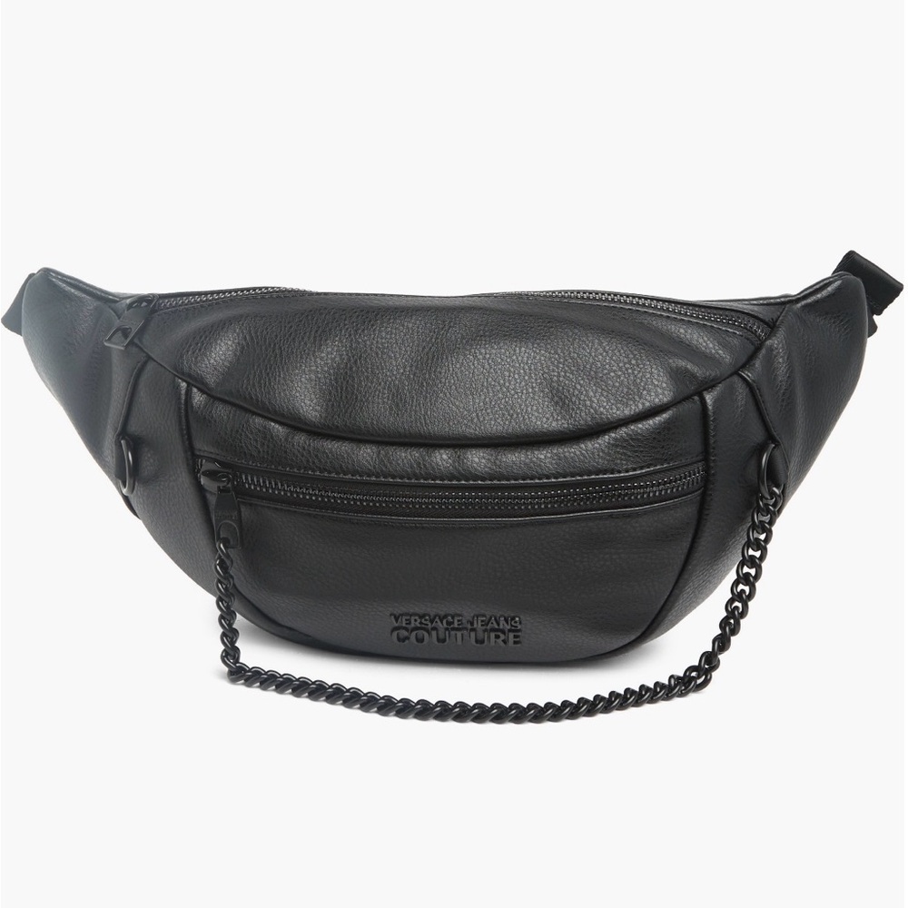 Versace Jeans Collection Black Leather Chain-Accent Belt Bag
